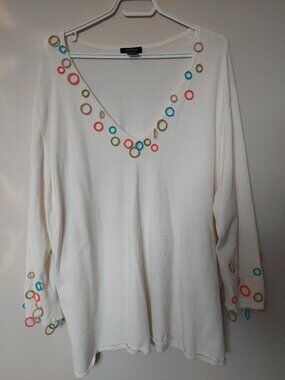 Peck & Peck Women's 3X Cream knit sweater Colorful Circular embellishments